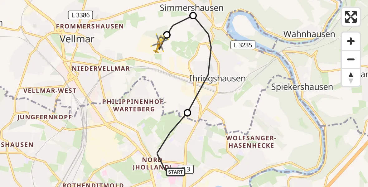 Flugroute Rettungshubschrauber Kassel - Fuldatal Federal Police Heliport, 11 März 2026, 10:46