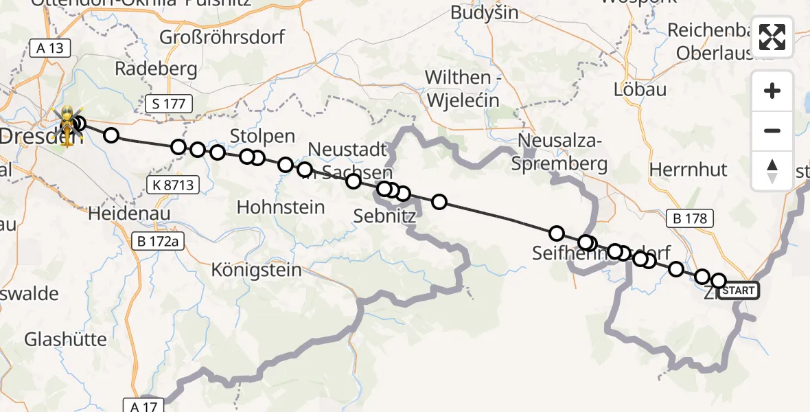 Flugroute Rettungshubschrauber Zittau - Dresden University Hospital, 11 März 2026, 10:48