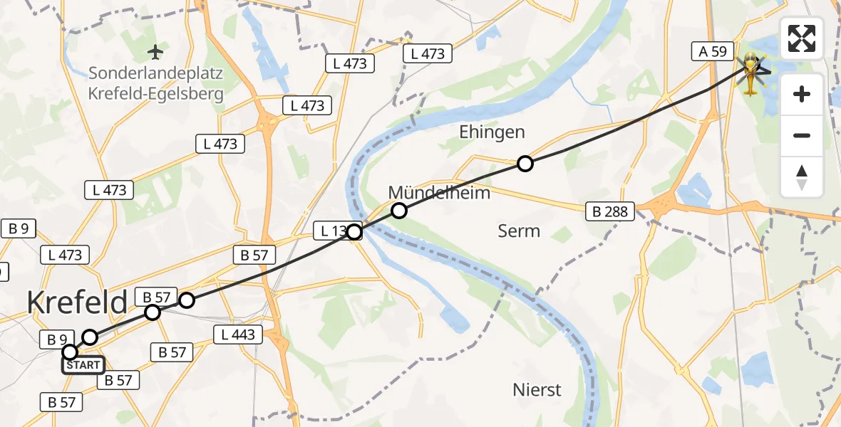 Flugroute Rettungshubschrauber Helios Clinic Krefeld - Duisburg Air Rescue Heliport (Christoph 9), 11 März 2026, 10:52