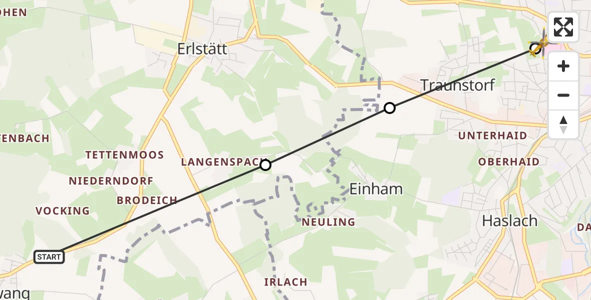 Flugroute Rettungshubschrauber Marwang - Traunstein Hospital, 11 März 2026, 10:58