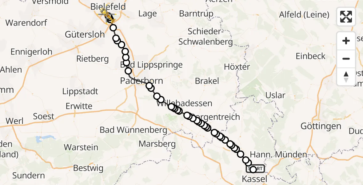 Flugroute Rettungshubschrauber Fuldatal Federal Police Heliport - Luftrettungszentrum Bielefeld, 11 März 2026, 11:05