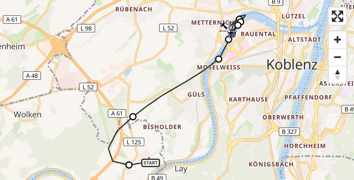 Flugroute Polizeihubschrauber Koblenz-Winningen Airfield - Koblenz, 11 März 2026, 11:08