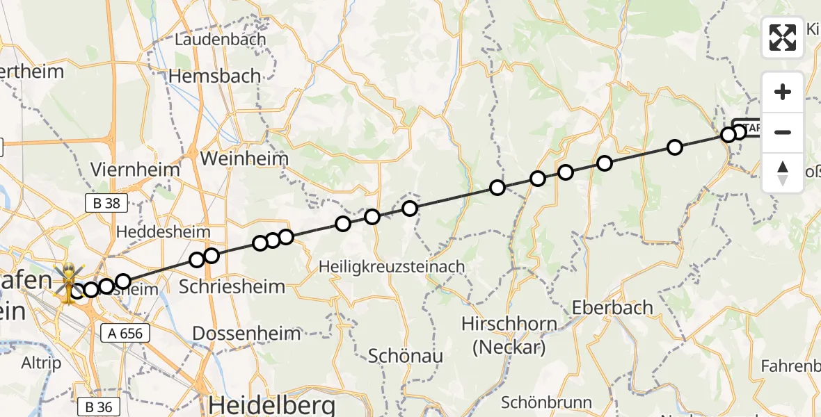 Routekaart van de vlucht: Rettungshubschrauber nach Mannheim-City Airport
