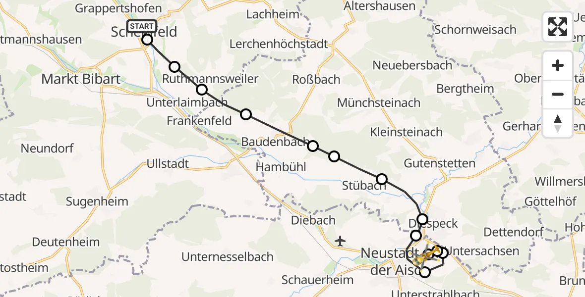 Flugroute Rettungshubschrauber Grappertshofen - Neustadt Hospital, 11 März 2026, 11:19