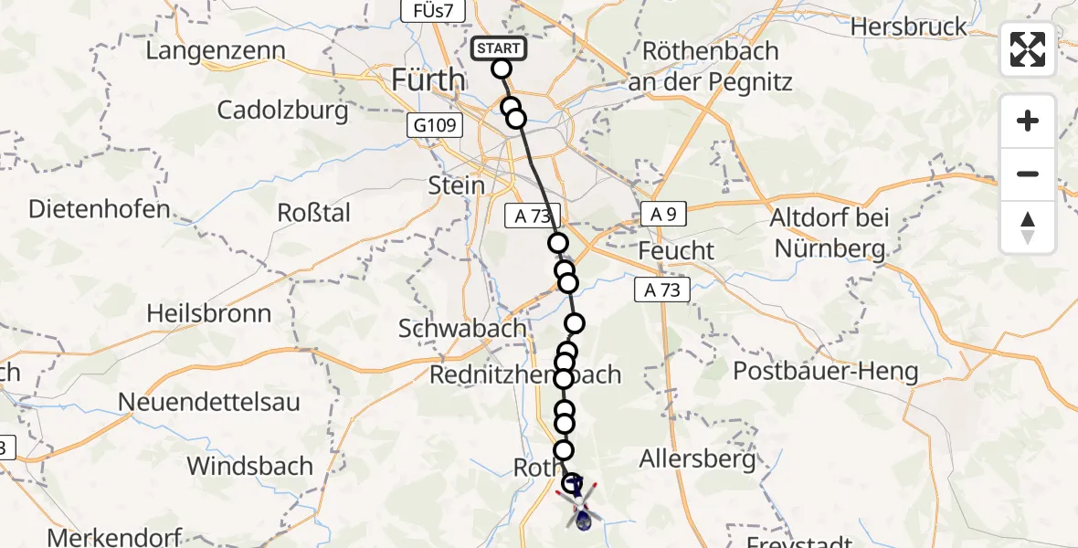 Flugroute Polizeihubschrauber Nuremberg Airport - Eckersmühlen, 11 März 2026, 11:23