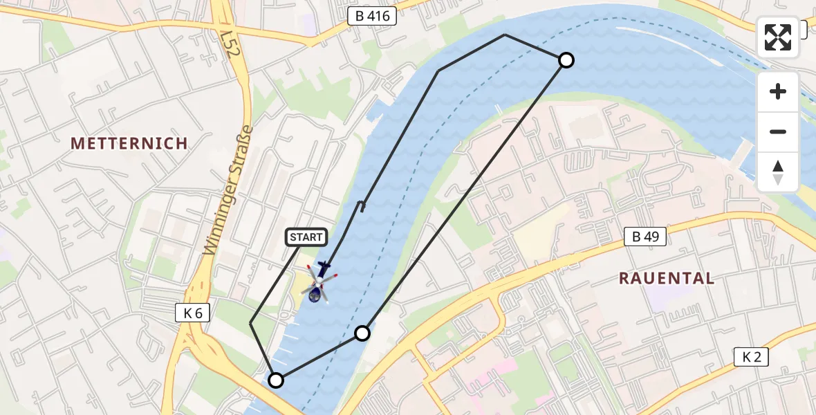 Routekaart van de vlucht: Polizeihubschrauber nach Koblenz, An der Fähre