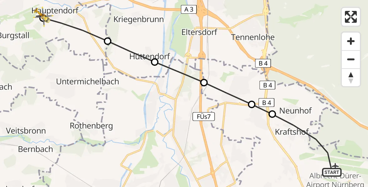Flugroute Rettungshubschrauber Nuremberg Airport - Burgstall, 11 März 2026, 11:30