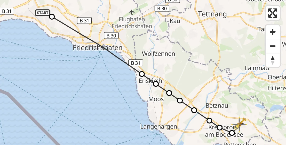 Flugroute Rettungshubschrauber Friedrichshafen Hospital - Retterschen, 11 März 2026, 11:48