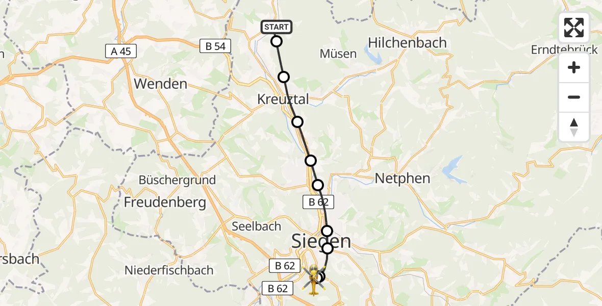 Flugroute Rettungshubschrauber Littfeld - Evangelisches Jung-Stilling Hospital, 11 März 2026, 11:48