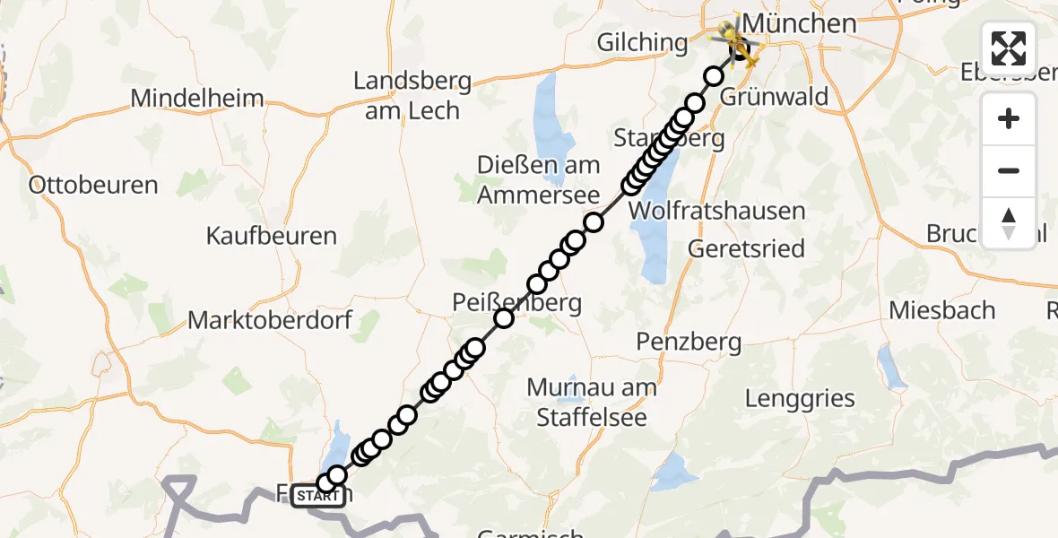 Flugroute Rettungshubschrauber Füssen - DRF Air Rescue München Heliport, 11 März 2026, 12:12