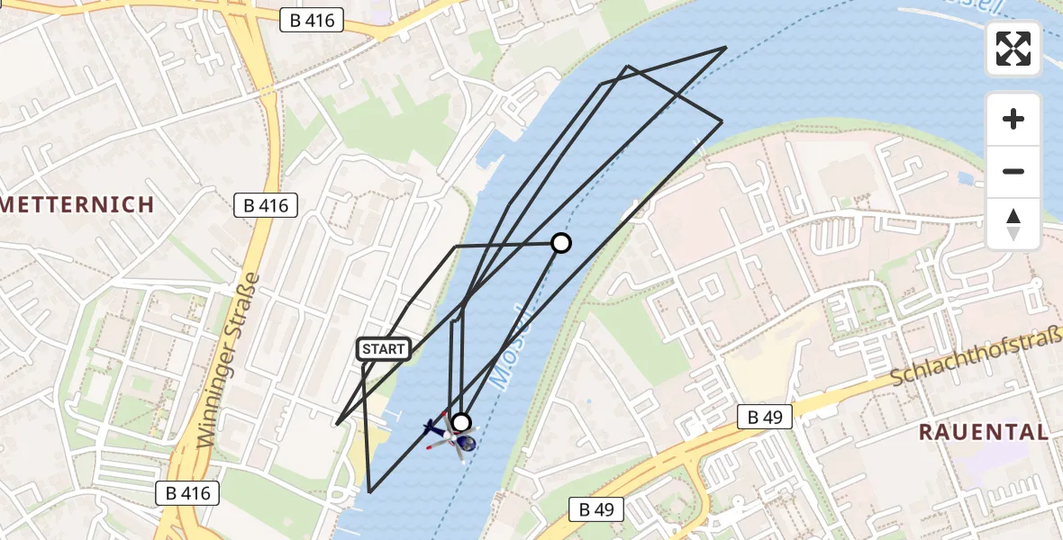 Flugroute Polizeihubschrauber Koblenz - Catholic Clinic Marienhof Koblenz Heliport, 11 März 2026, 12:15