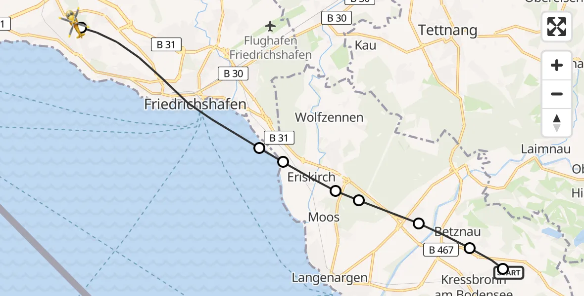 Flugroute Rettungshubschrauber Retterschen - Friedrichshafen Hospital, 11 März 2026, 12:19