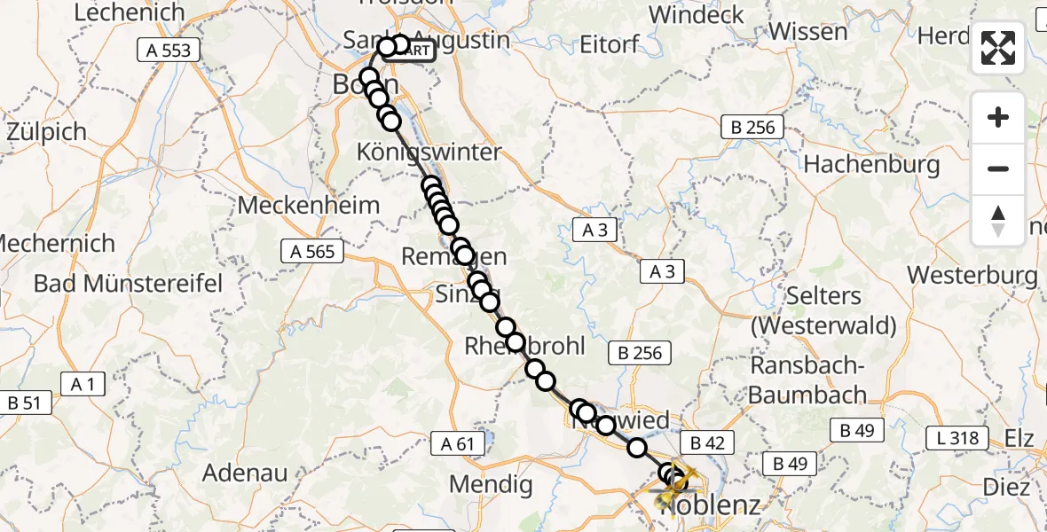 Flugroute Rettungshubschrauber Bonn-Hangelar Airfield - Koblenz, 11 März 2026, 12:36