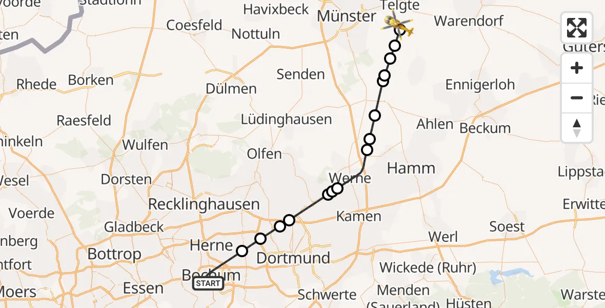 Flugroute Ambulanzhubschrauber Bochum - Telgte, 11 März 2026, 12:50