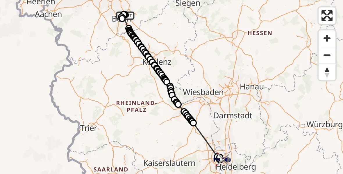 Flugroute Polizeihubschrauber Sankt Augustin - Mannheim-City Airport, 11 März 2026, 12:50