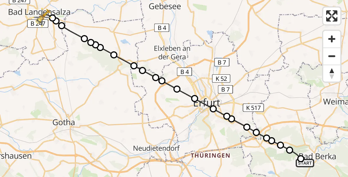 Flugroute Ambulanzhubschrauber Bad Berka - Bad Langensalza, 11 März 2026, 12:50