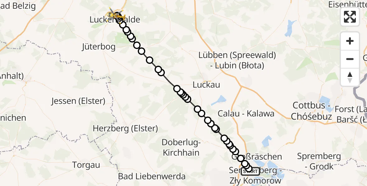 Flugroute Ambulanzhubschrauber Senftenberg - KMG Hospital Luckenwalde Heliport, 11 März 2026, 13:00