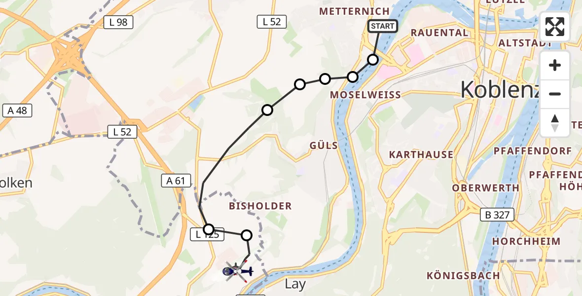 Flugroute Polizeihubschrauber Koblenz - Koblenz-Winningen Airfield, 11 März 2026, 13:01