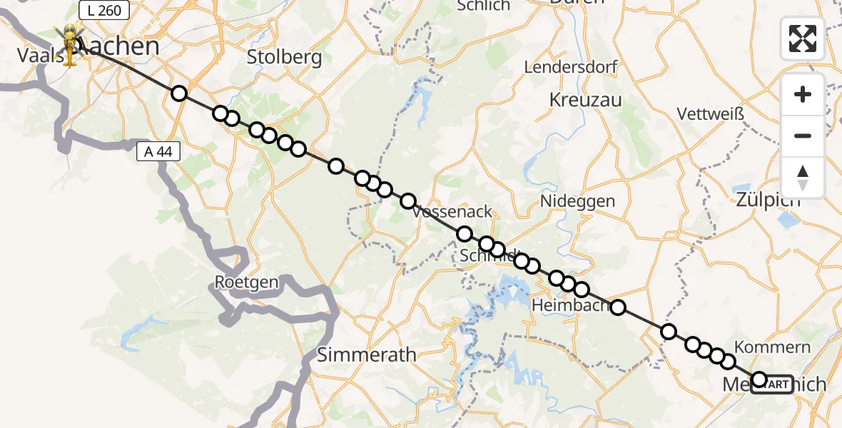 Flugroute Ambulanzhubschrauber Mechernich - Aachen Hospital, 11 März 2026, 13:06