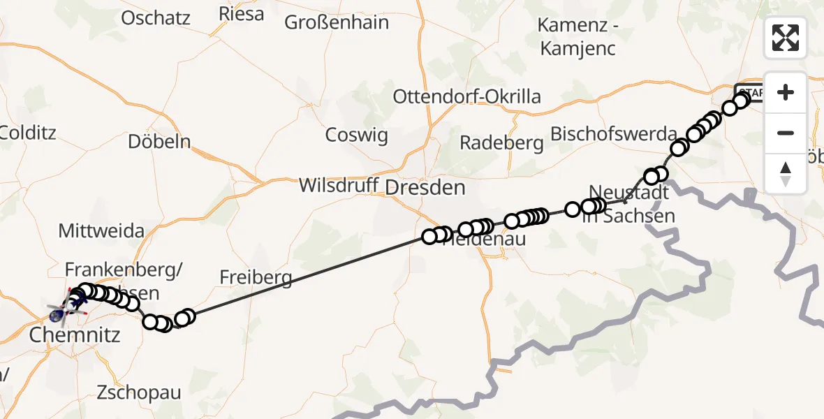 Flugroute Polizeihubschrauber Baschütz - Chemnitz-Glösa Industrial Park Heliport, 11 März 2026, 13:07