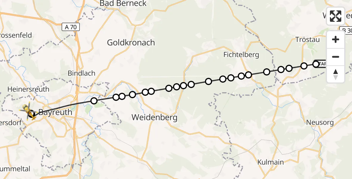 Flugroute Rettungshubschrauber Tröstauer Forst-Ost - Bayreuth Hospital, 11 März 2026, 13:16