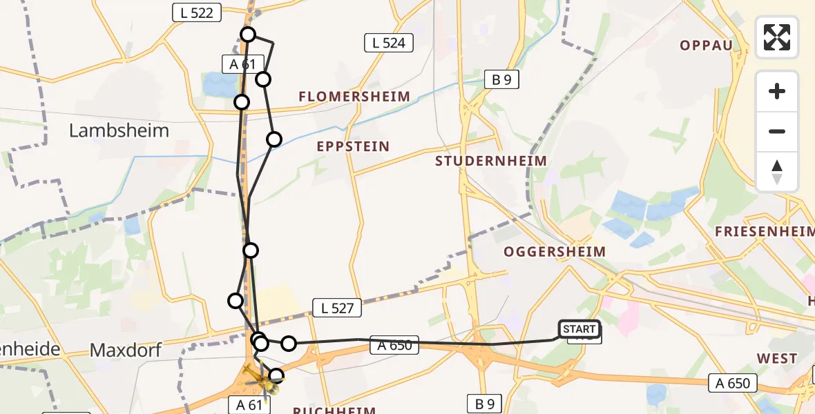 Flugroute Rettungshubschrauber Ludwigshafen am Rhein - Ludwigshafen am Rhein, 11 März 2026, 13:33