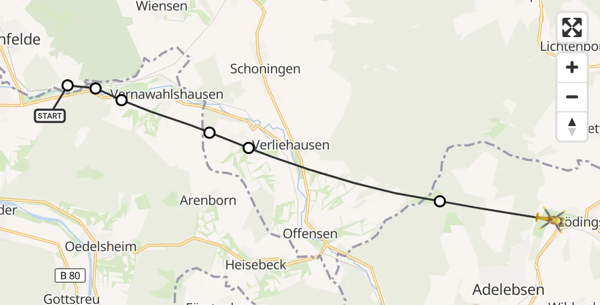 Flugroute Rettungshubschrauber Lippoldsberg - Adelebsen, 11 März 2026, 13:36