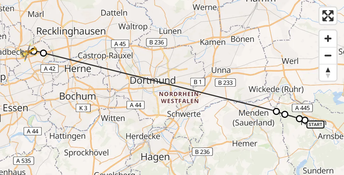 Flugroute Rettungshubschrauber Hüsten - Gelsenkirchen-Nord, 11 März 2026, 13:37