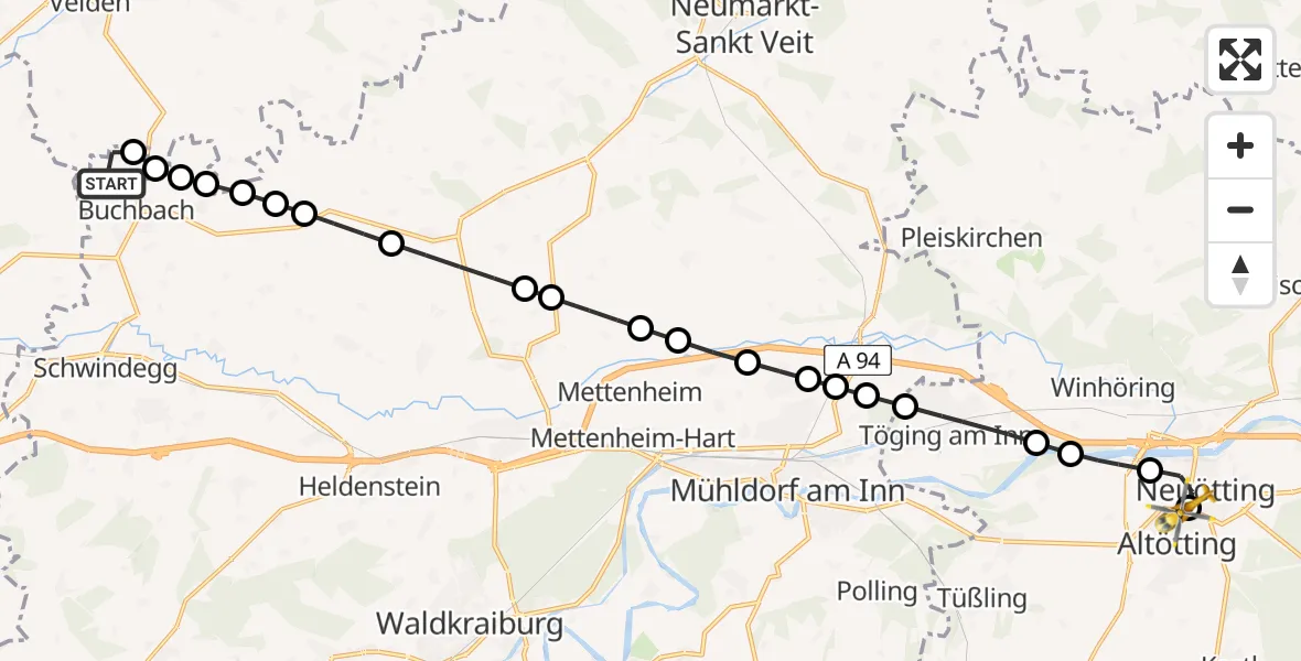 Routekaart van de vlucht: Ambulanzhubschrauber nach Altötting-Burghausen District Hospital Altötting