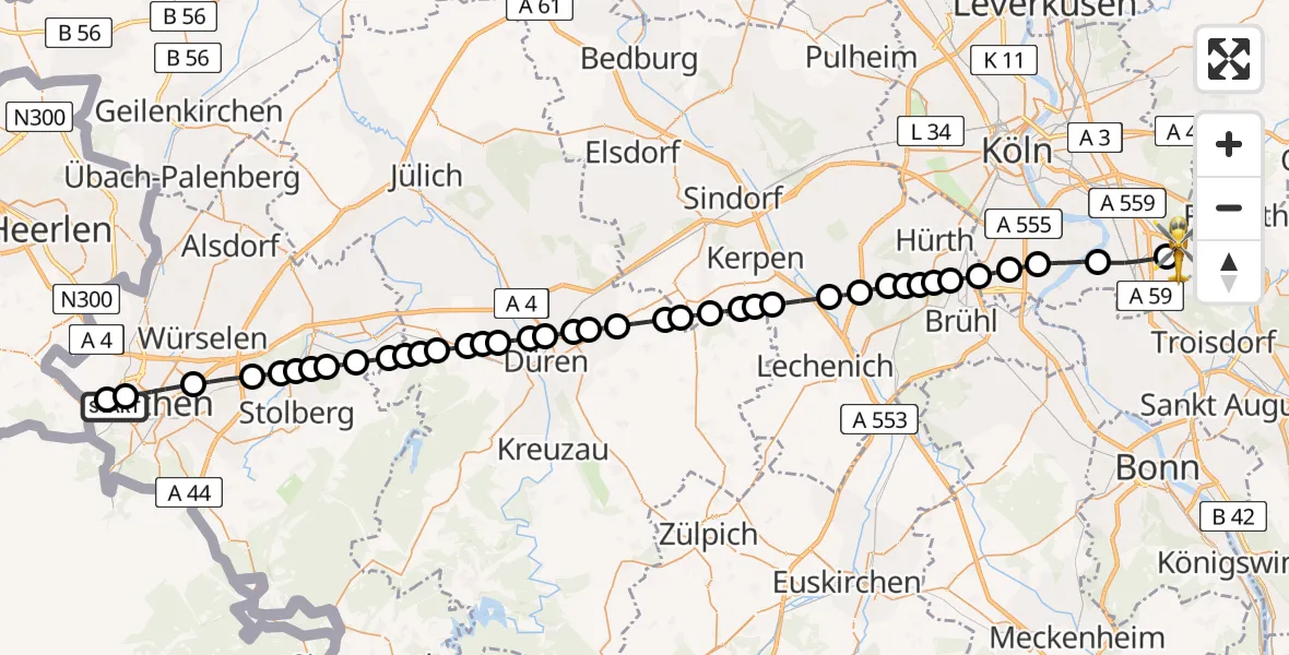 Flugroute Ambulanzhubschrauber Aachen Hospital - Cologne Bonn Airport, 11 März 2026, 14:06