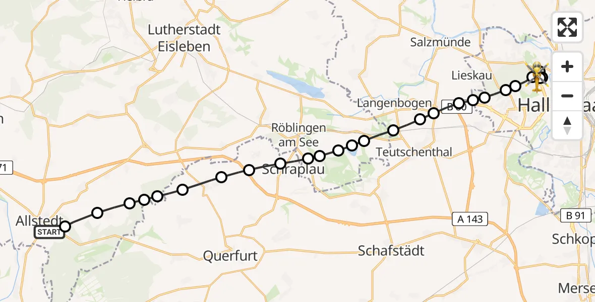 Routekaart van de vlucht: Rettungshubschrauber nach Halle (Saale) University Hospital