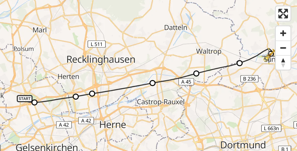 Flugroute Rettungshubschrauber Gelsenkirchen-Nord - Sankt Marien Hospital, 11 März 2026, 14:11
