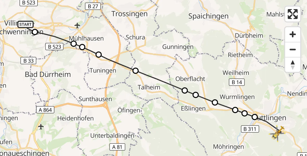 Flugroute Rettungshubschrauber DRF Air Rescue Station Villingen-Schwenningen Heliport (Christoph 11) - Tuttlingen, 11 März 2026, 14:16