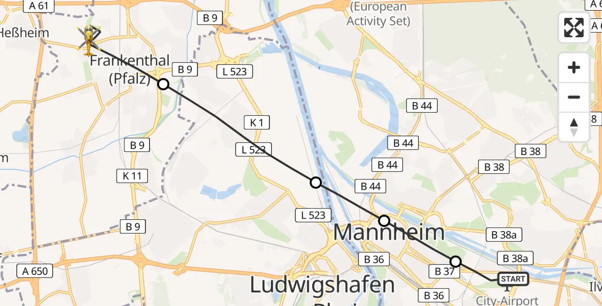 Flugroute Rettungshubschrauber Mannheim-City Airport - Frankenthal (Pfalz), 11 März 2026, 14:19