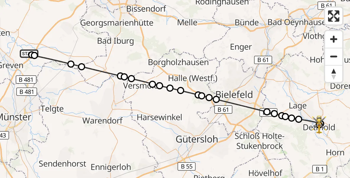 Flugroute Ambulanzhubschrauber Christoph  Westfalen-ADAC - Detmold, 11 März 2026, 14:29