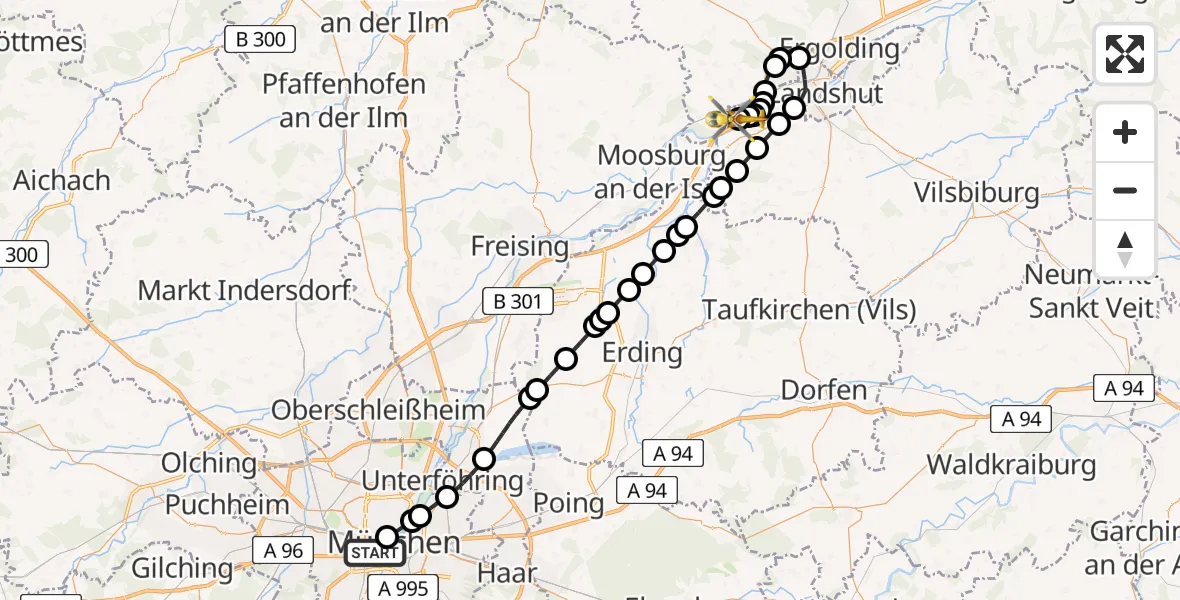 Flugroute Rettungshubschrauber Ludwigsvorstadt-Isarvorstadt - Landshut Airfield, 11 März 2026, 14:31