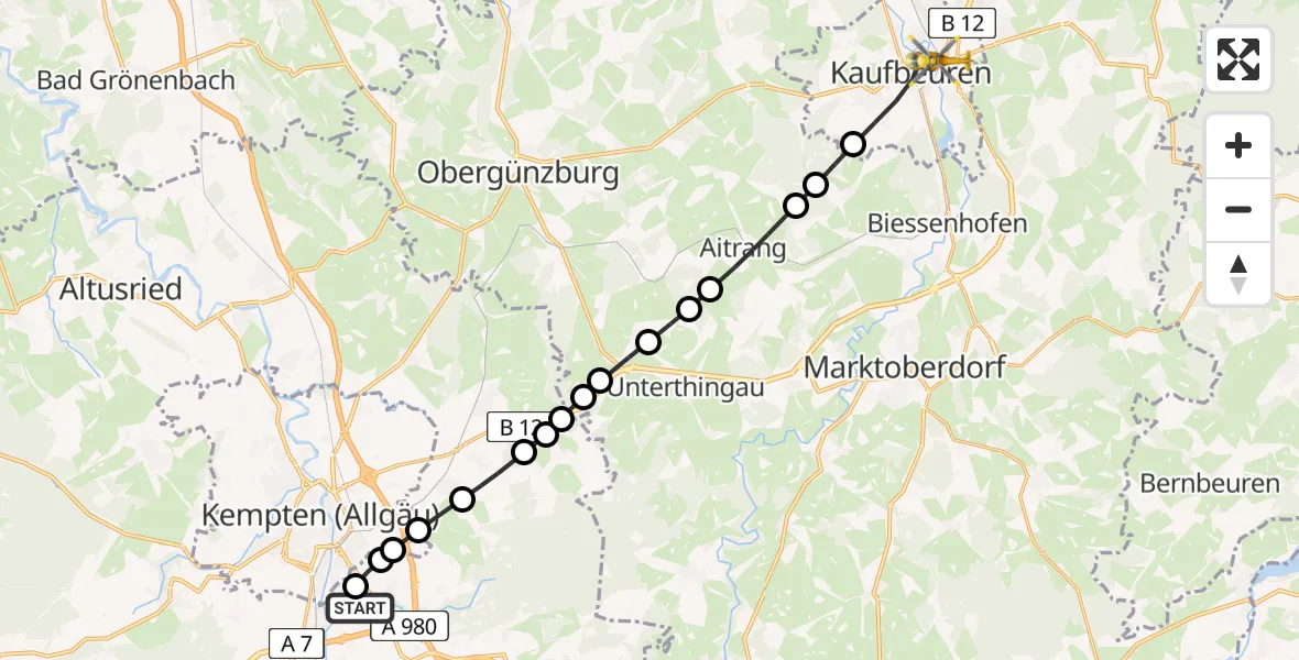 Flugroute Rettungshubschrauber Kempten-Durach Airfield - Kaufbeuren, 11 März 2026, 14:35