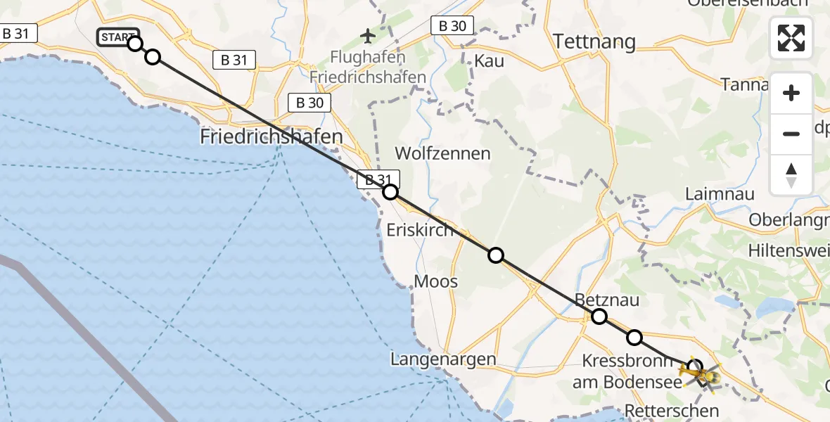Flugroute Rettungshubschrauber Friedrichshafen Hospital - Retterschen, 11 März 2026, 14:37