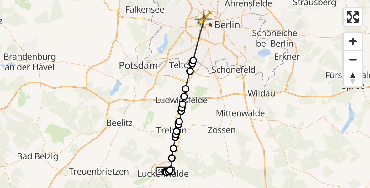 Flugroute Ambulanzhubschrauber KMG Hospital Luckenwalde - Berlin, 11 März 2026, 14:41