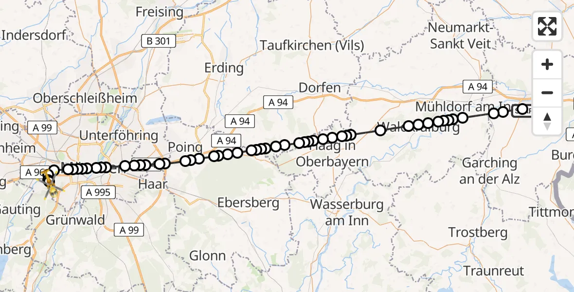 Flugroute Ambulanzhubschrauber Altötting-Burghausen District Hospital Altötting - DRF Air Rescue München Heliport, 11 März 2026, 14:43