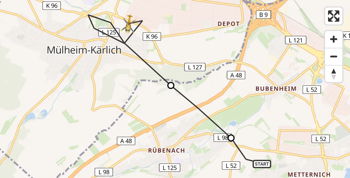 Flugroute Rettungshubschrauber Koblenz - Mülheim-Kärlich, 11 März 2026, 14:45
