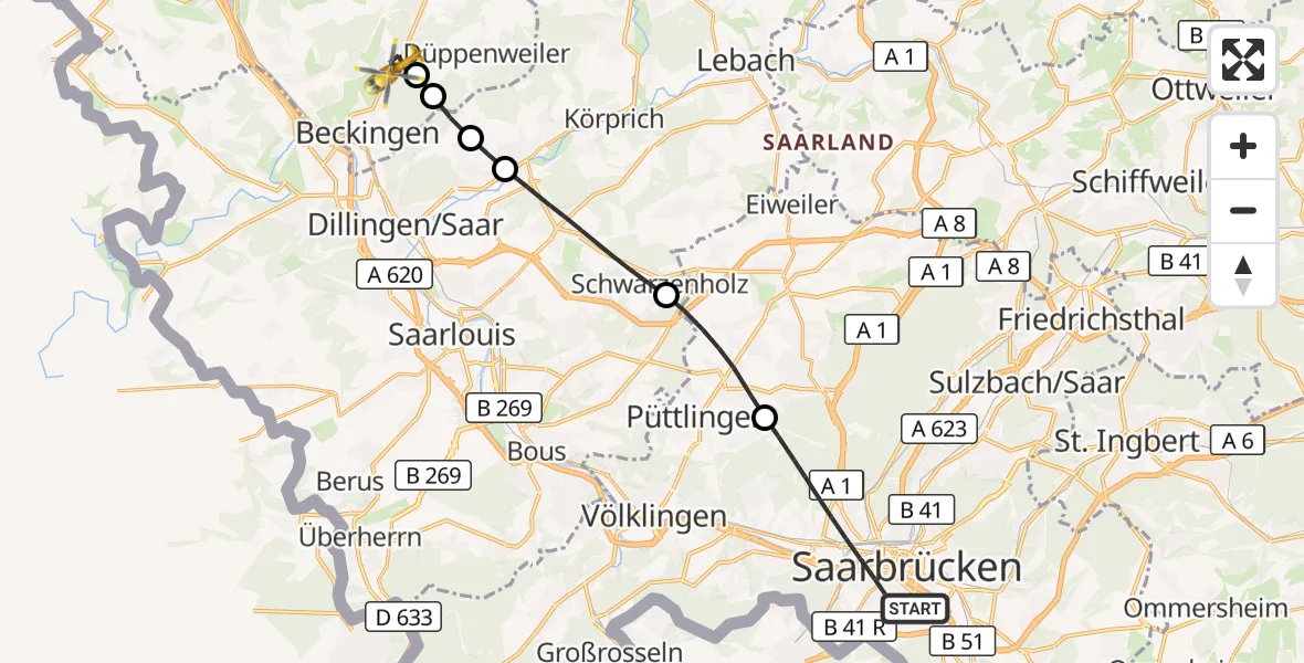 Flugroute Rettungshubschrauber Saarbrücken - Haustadt, 11 März 2026, 14:52