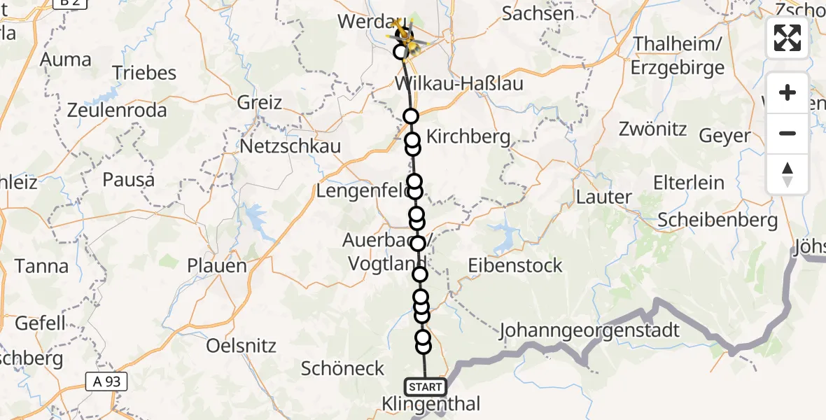 Flugroute Rettungshubschrauber Klingenthal - ADAC Air Rescue Station Zwickau Heliport, 11 März 2026, 14:52