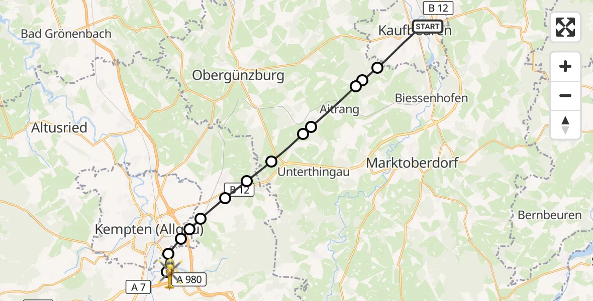 Flugroute Rettungshubschrauber Kaufbeuren - Kempten-Durach Airfield, 11 März 2026, 14:55