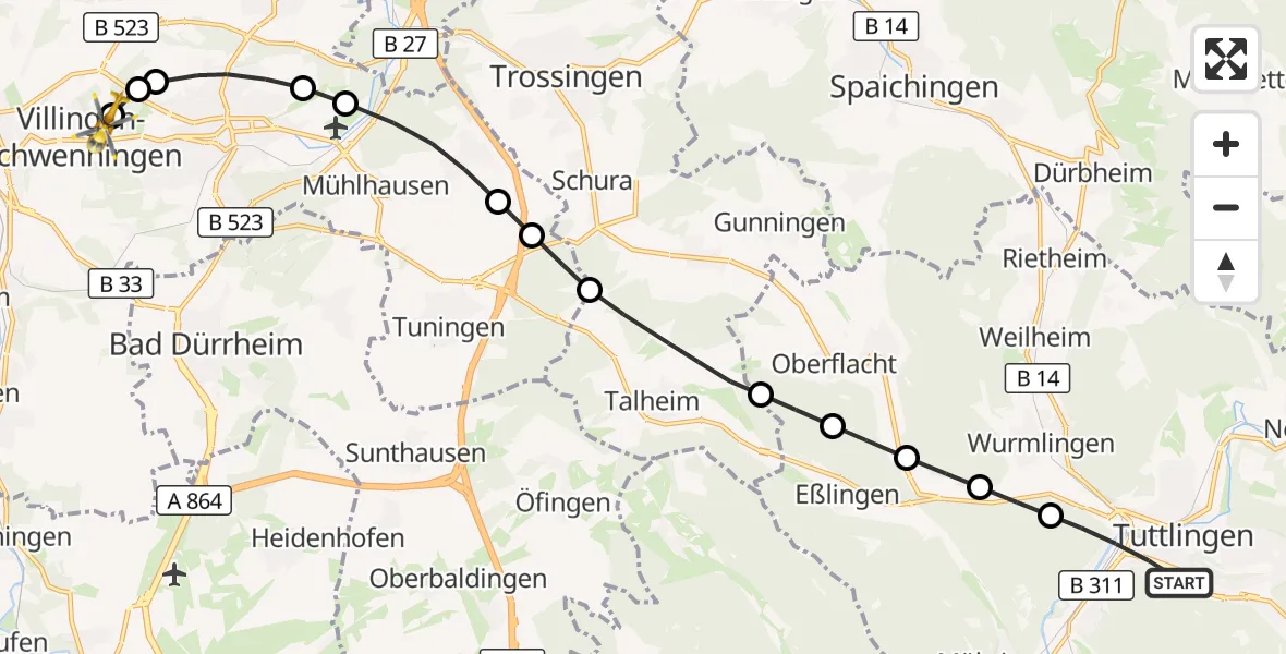 Flugroute Rettungshubschrauber Tuttlingen - DRF Air Rescue Station Villingen-Schwenningen Heliport (Christoph 11), 11 März 2026, 14:57