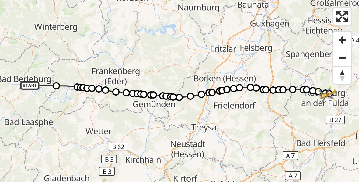 Flugroute Rettungshubschrauber Bad Berleburg - Rotenburg an der Fulda Cardiovascular Center Heliport, 11 März 2026, 15:03