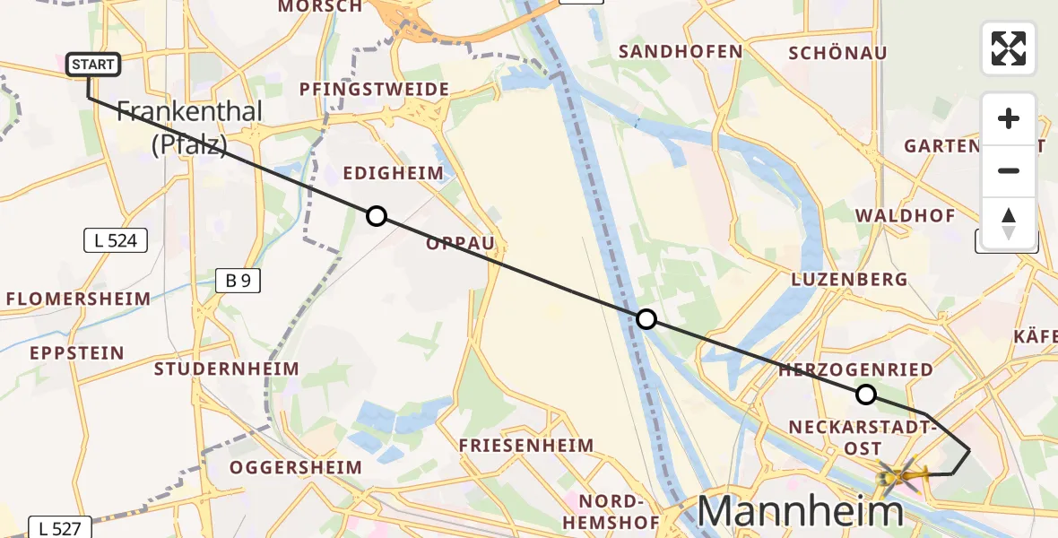 Routekaart van de vlucht: Rettungshubschrauber nach Neckarstadt-Ost/Wohlgelegen, Theodor-Kutzer-Ufer