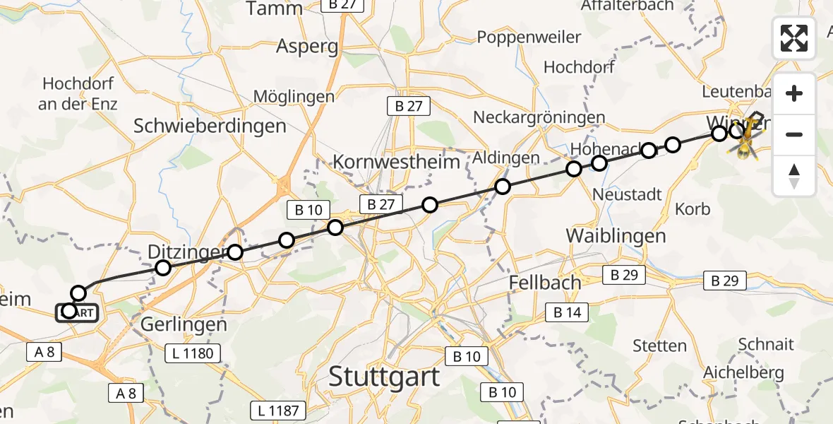Flugroute Rettungshubschrauber Leonberg Hospital - Winnenden, 11 März 2026, 15:20