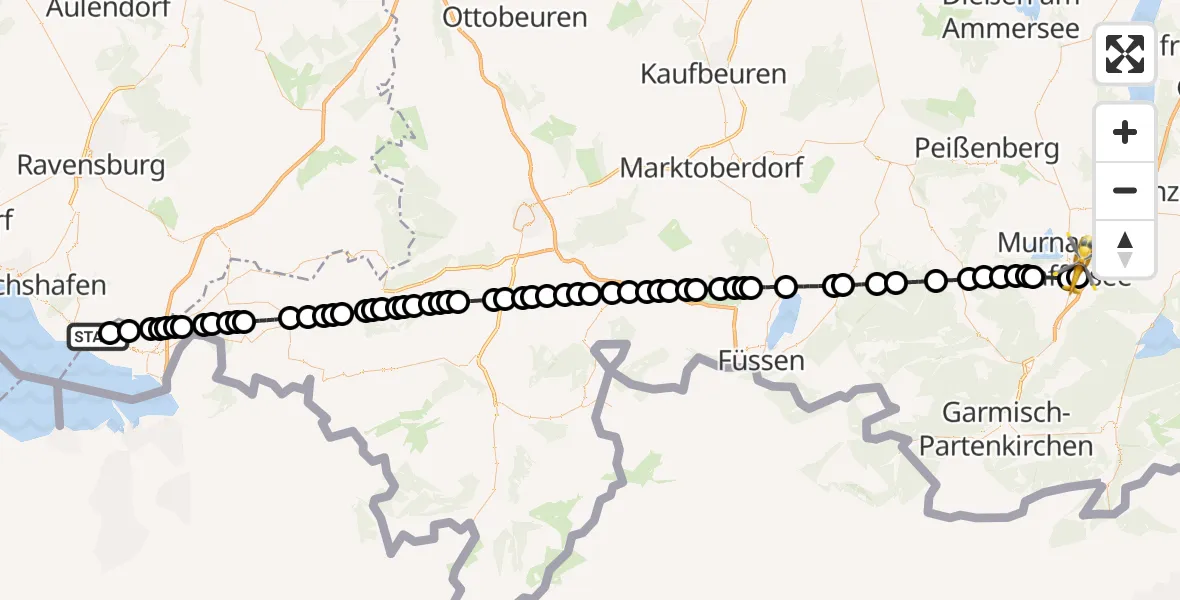 Flugroute Rettungshubschrauber Retterschen - Murnau Accident Hospital, 11 März 2026, 15:30