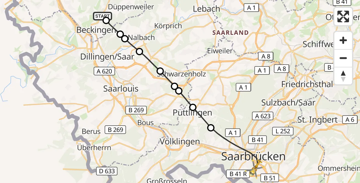 Flugroute Rettungshubschrauber Haustadt - Saarbrücken, 11 März 2026, 15:31